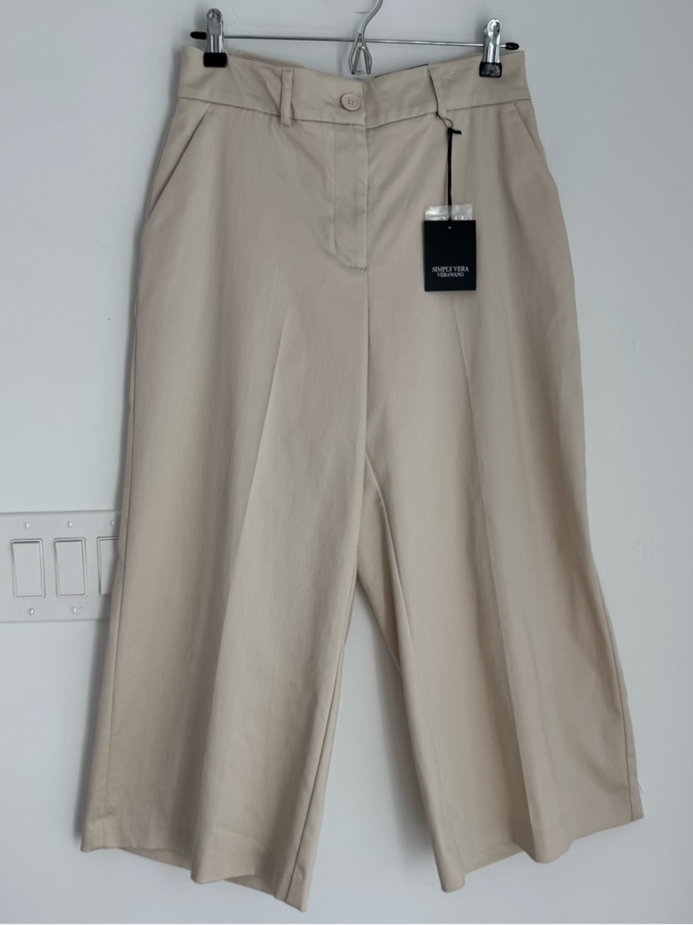 Simply Vera Wang Wide Leg Cropped Dress Pants Womens 10 Ivory Khaki Stretch NEW
